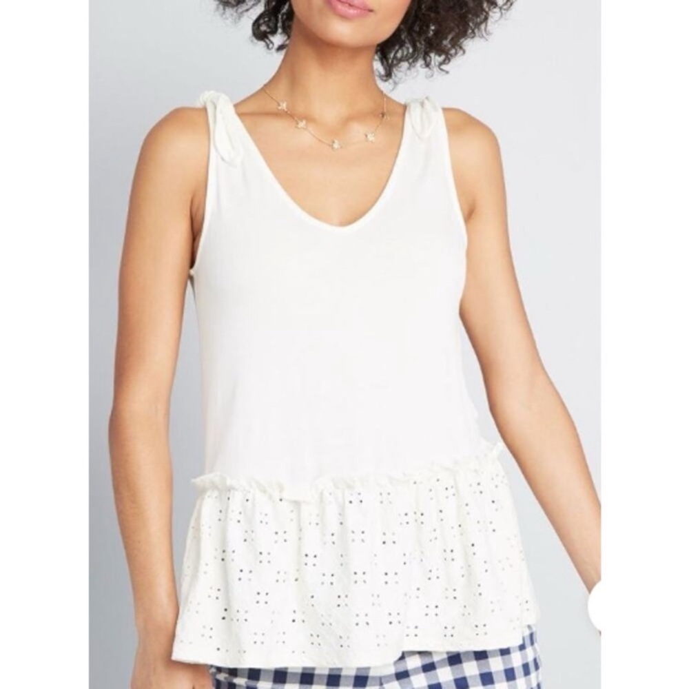 Modcloth Peplum Direction Knit‎ Tank Top White Sleeveless Tie Shoulder XXS NWT